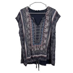 Lucky Brand Boho Patterned Split Neck Tie Front Short Sleeve Blouse